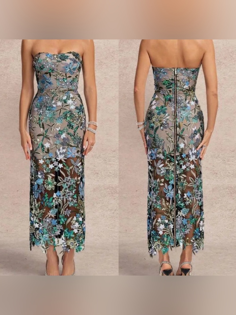 Abundance Strapless Floral Embroidered Sequin Dress Lined Size Medium NWT